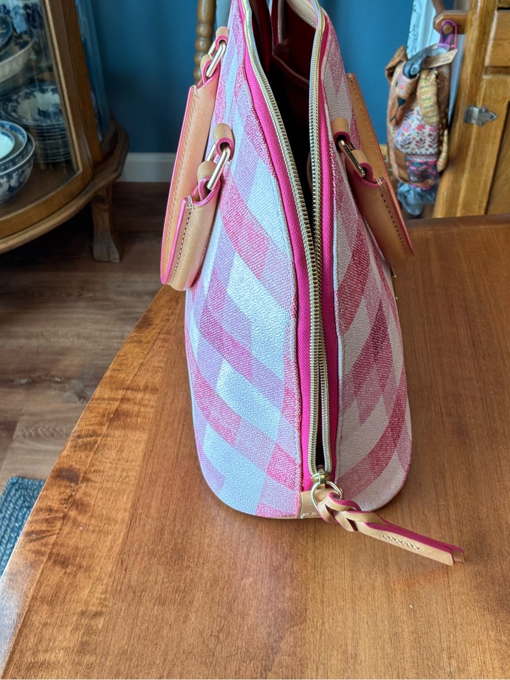 Dooney & Bourke Pink Quadretto Gingham Plaid Zip Zip Satchel - Picture 9 of 13